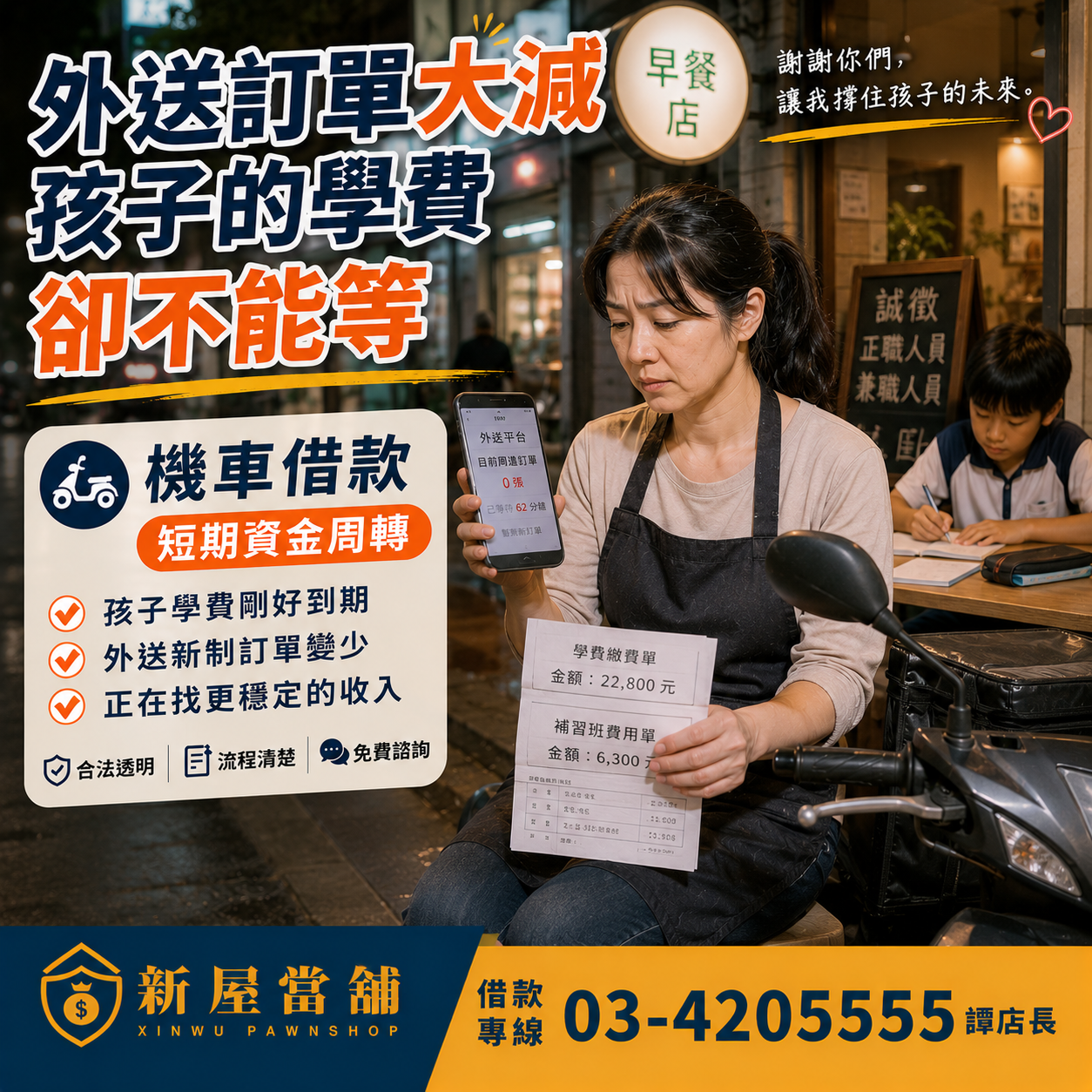 外送新制 訂單大減 小孩學費繳不出 汽機車借款 短期資金周轉 桃園新屋當舖